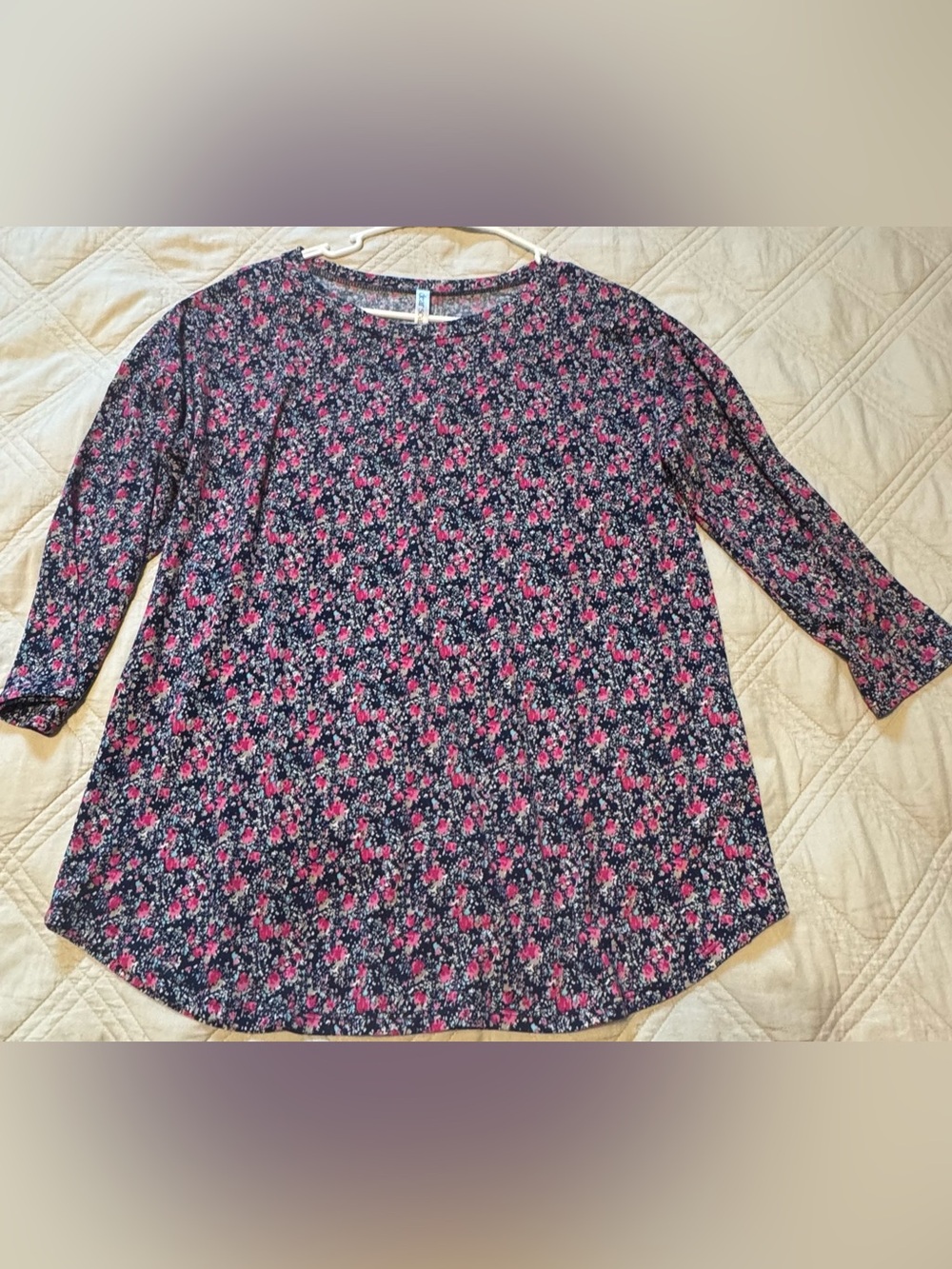 Gorgeous Floral Navy Long Sleeve Scoop Neck Top with Pink Flowers